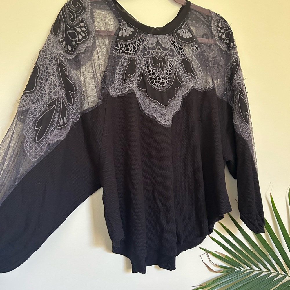 Free People Black and Gray Lace Blouse